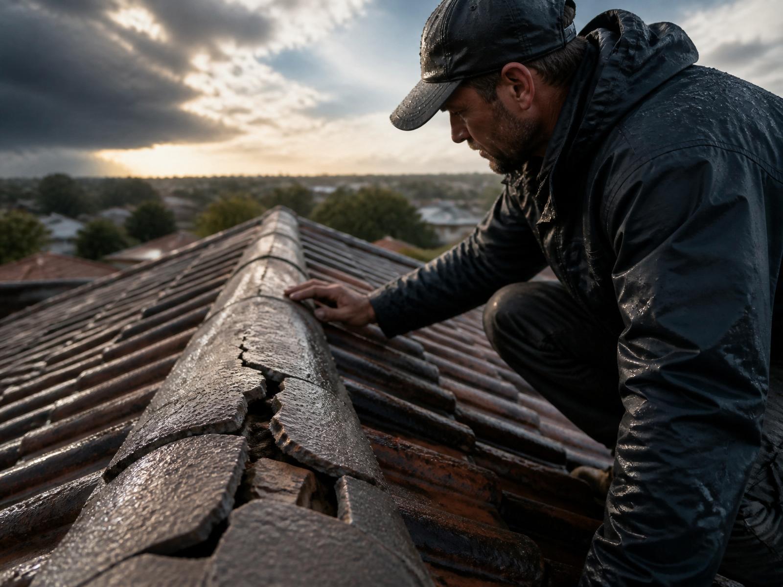 Storm-damaged tile roof under inspection