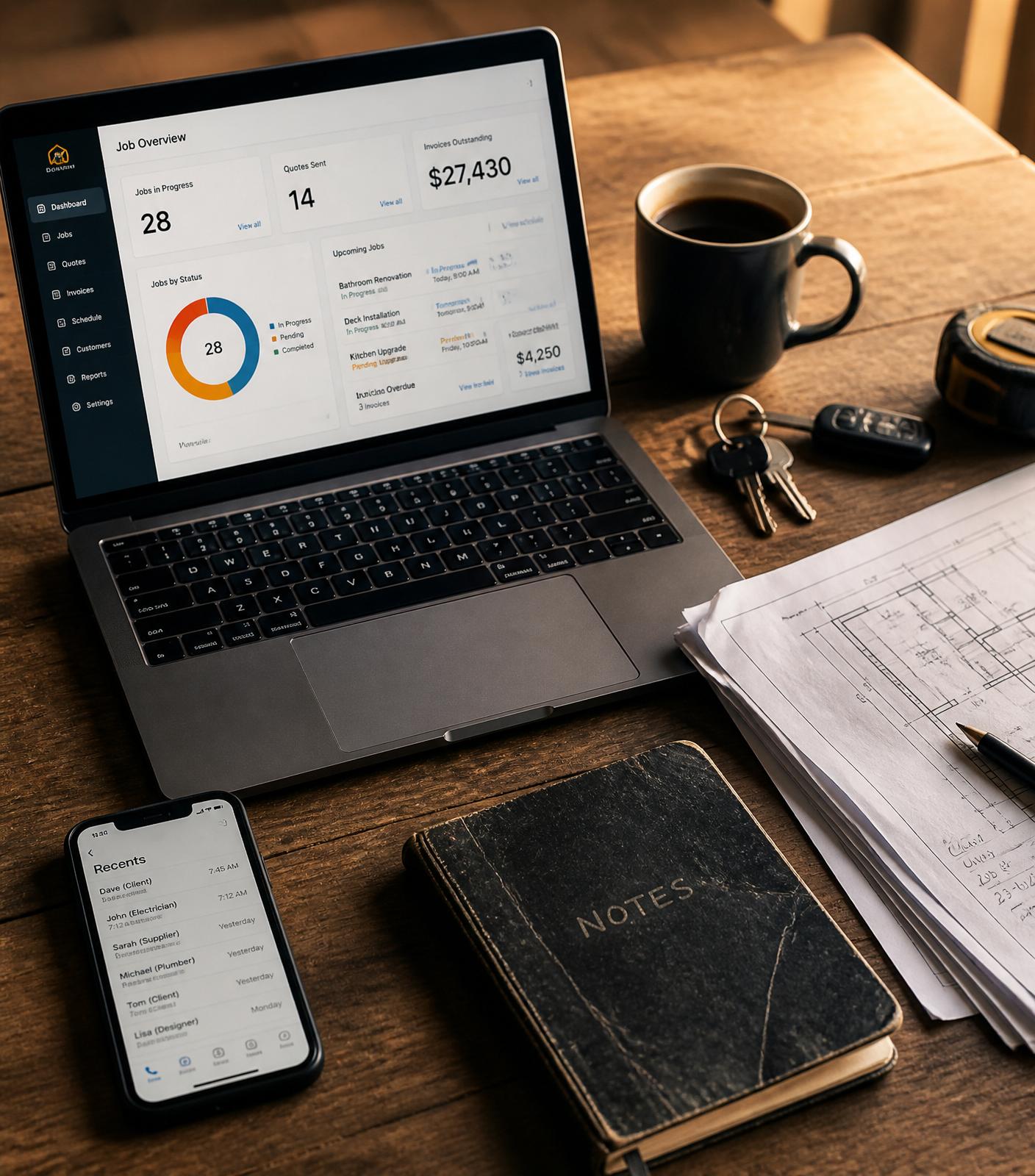 A tradie's desk at dawn — laptop, phone, blueprints and keys